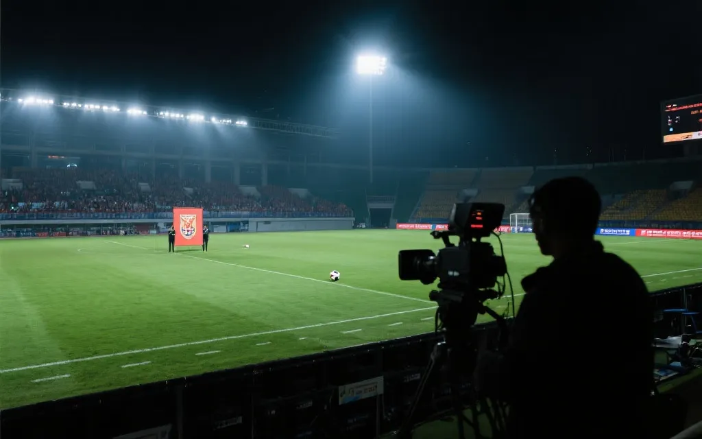 夜晚球场灯光下的预选赛开球瞬间，观众席与转播机位氛围